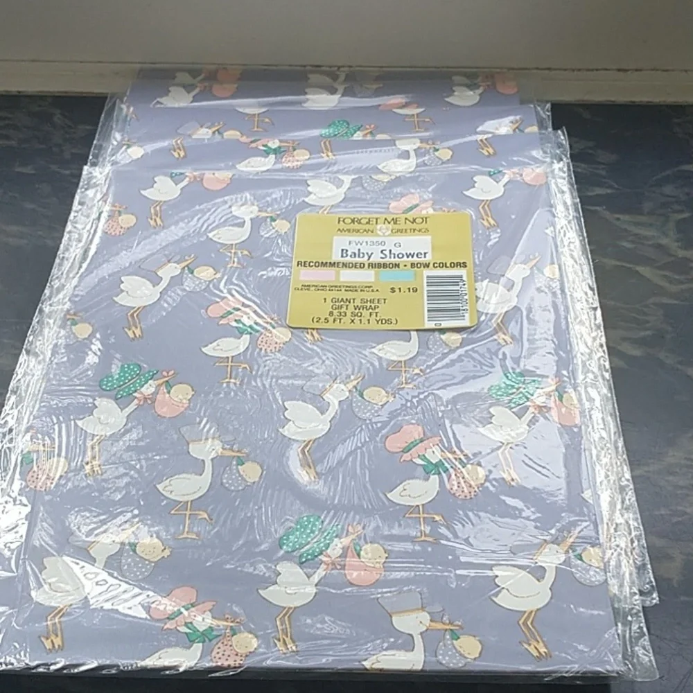 Vintage New American Greetings Gift Wrap Baby Shower Paper Stork